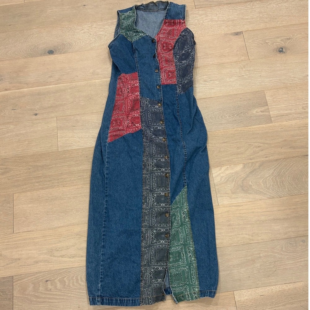 Paris Blues Vintage 90s Patchwork Bandana Denim Maxi Dress Size 11 Button Front